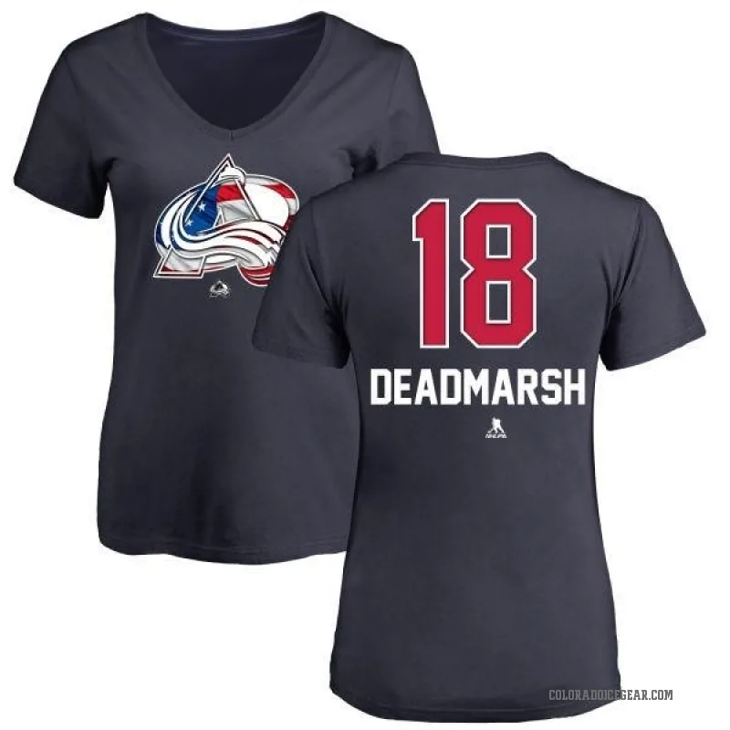 Adam Deadmarsh Women's Navy Colorado Avalanche Name and Number Banner Wave V-Neck T-Shirt -