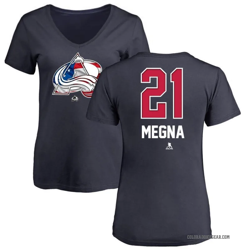 Jayson Megna Women's Navy Colorado Avalanche Name and Number Banner Wave V-Neck T-Shirt -
